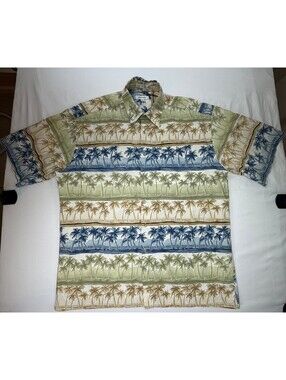 Pierre Cardin Mens Shirt Button Down Hawaiian Tropical Size Large Green/Blue